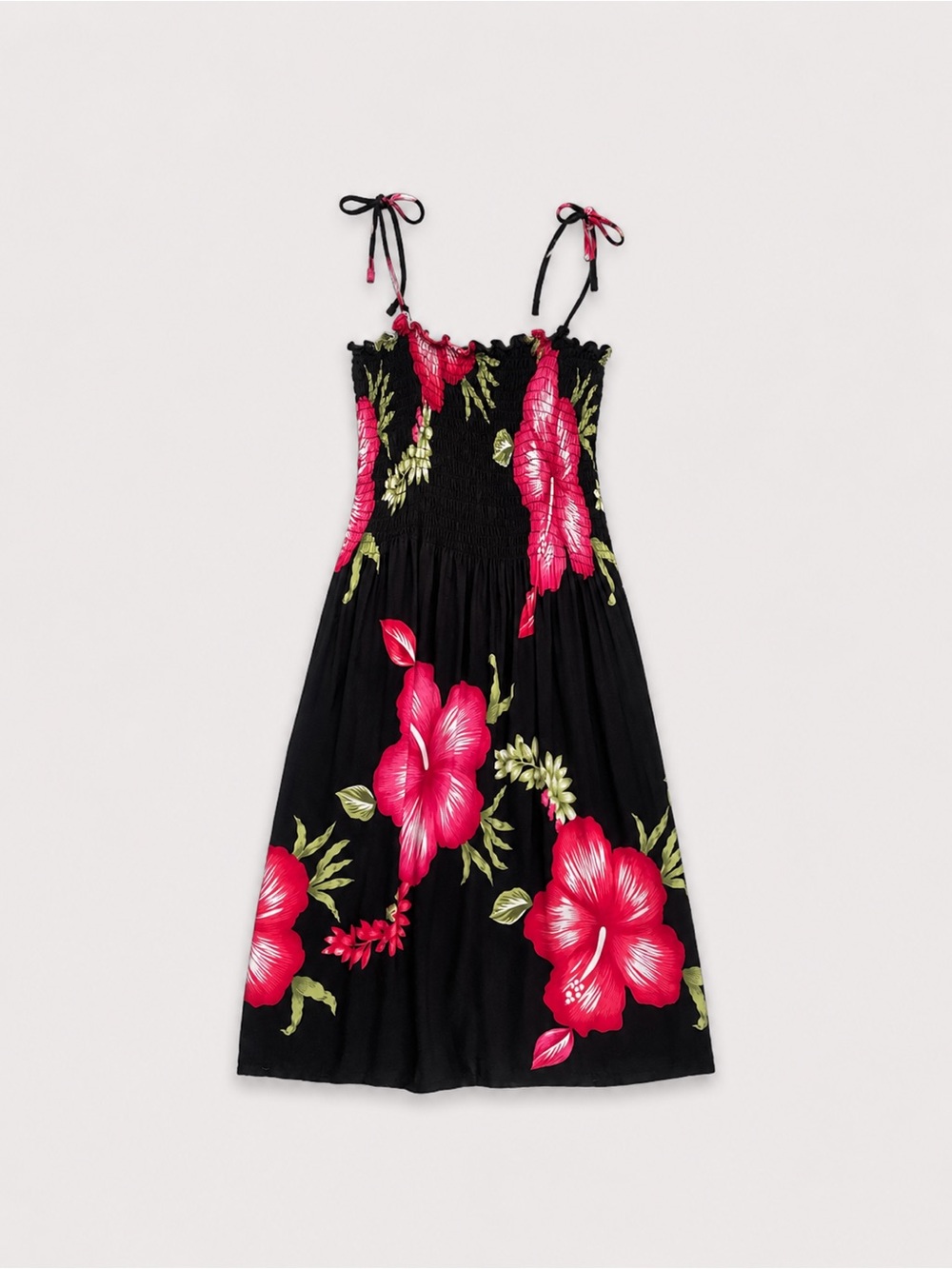 Black Floral Smocked Sundress with Pink Hibiscus Print